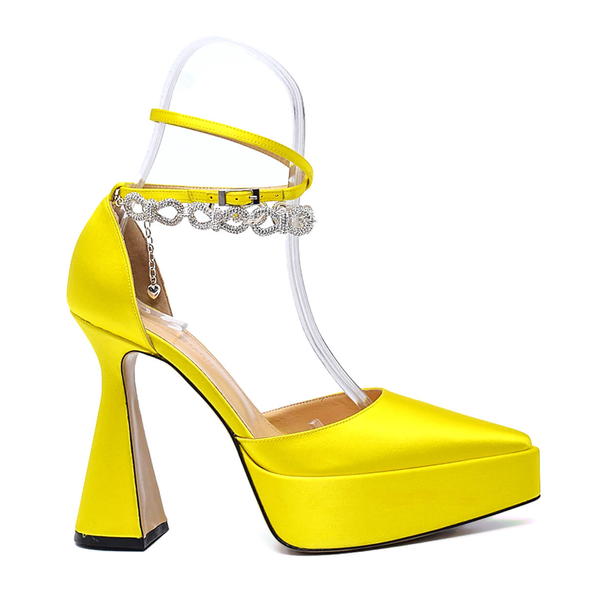 Mach & Mach - Lime Yellow Satin Crystal Embellished Chain Ankle Strap Platform Pumps 38